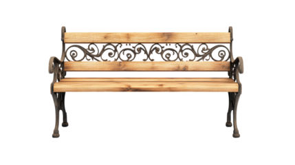 A rustic wooden bench with ornate metal scrollwork, perfect for gardens, parks, or outdoor relaxation.