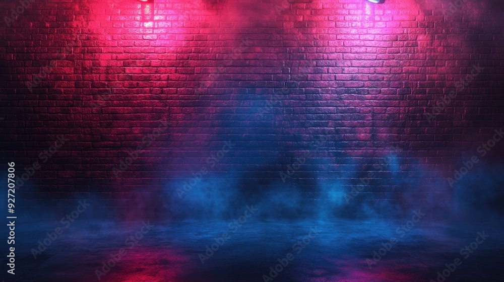 Poster brick wall with red and blue lights. this image is perfect for creating a moody and atmospheric back