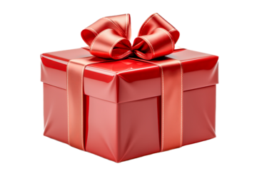 Rote Geschenkbox mit einer festlichen roten Schleife, freigestellt vor transparentem Hintergrund, Generative AI