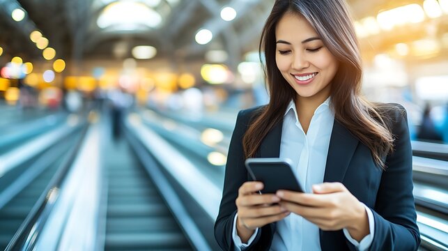 A young Asian woman in a business suit smiles while using her smartphone on an escalator in a busy terminal, capturing the essence of modern commuting.