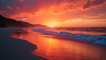 Stunning Sunset Over Calm Ocean with Vibrant Red and Orange Sky Reflecting on Serene Beach Shoreline - Tranquil Nature Scene Captured at Golden Hour