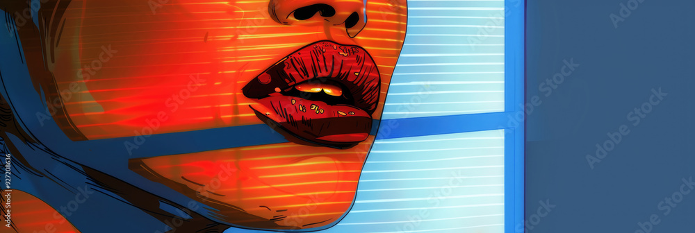 Poster a woman's lips are highlighted in colorful light, creating a striking visual effect against a backdr