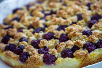 Fresh homemade cherry crumble cake