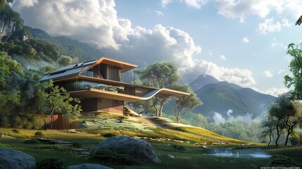 Obraz premium Modern house with a mountain backdrop, surrounded by lush greenery and a small pond.