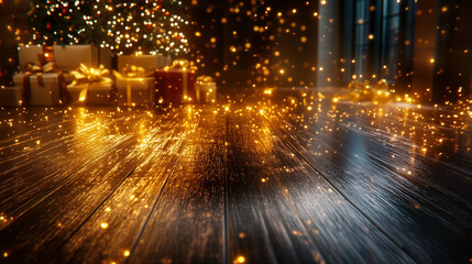 Ein weihnachtliches Bild mit Tannenbaum und Geschenken im Hintergrund, Holzfußboden in Froschperspektive, Querformat