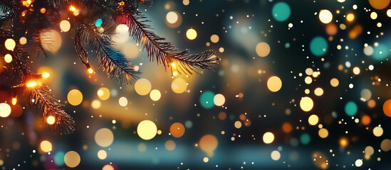 Tannenzweige ragen seitlich in das Bild voller bunter Lichter, isolierte Freifl&auml;che, Weihnachtliches Ambiente, Querformat