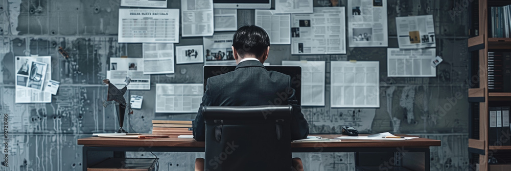 Aufkleber a suited individual focuses on a computer while surrounded by cluttered reports and articles on the 