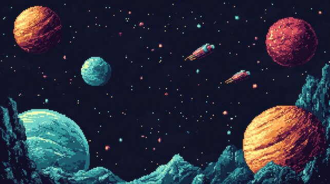 A pixel art depiction of a cosmic scene with planets and rockets in a star-filled sky.