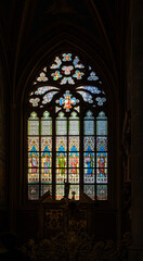 Fototapeta premium Amazing stained glass window of St. Vitus Cathedral - Prague Castle. Prague, Czech