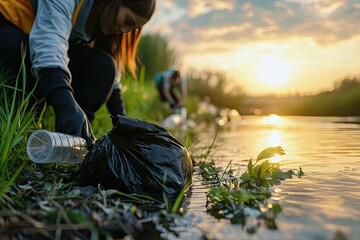 A volunteer cleans up plastic waste. Ideal for articles about environmentalism or clean-up efforts.