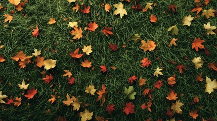 A texture of short grass peppered with small, colorful autumn leaves, creating a detailed and textured surface for backgrounds.