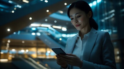 A professional Asian woman in business attire, smiling while using a smartphone in a modern, dimly lit office setting, exuding confidence and focus.