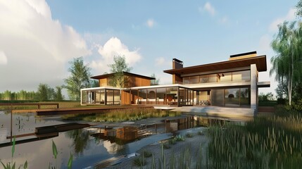 Fototapeta premium Modern house with a pond and large windows.