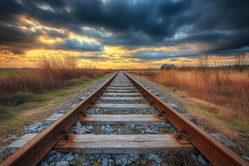 Obraz premium Railroad tracks lead to horizon under cloudy sunset. Great for illustrating concepts of journey, travel, or destination.