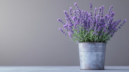 A potted lavender plant in a rustic metal container against a neutral background.