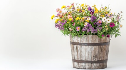 Fototapeta premium A rustic wooden bucket filled with vibrant wildflowers against a plain background.