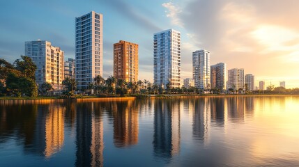 Fototapeta premium Waterfront development with modern buildings reflecting in the calm water, capturing the essence of tranquil urban life Aesthetic Urban Waterfront, Reflective cityscape