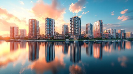 Fototapeta premium Waterfront development with modern buildings reflecting in the calm water, capturing the essence of tranquil urban life Aesthetic Urban Waterfront, Reflective cityscape