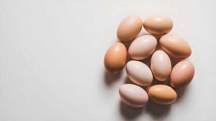 A group of brown eggs artfully arranged and isolated on a white background. 
