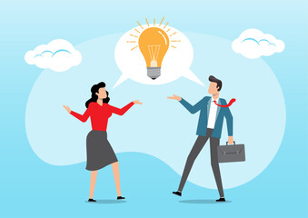 Businessman and woman coworker talking speech bubble with lightbulb idea