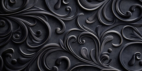 Black metal texture with intricate embossed floral patterns, providing a luxurious and elegant design element, selective focus

