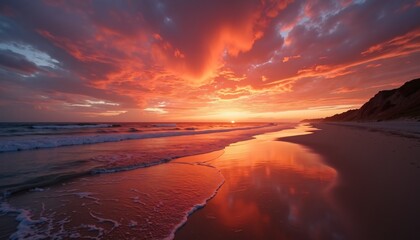 Fototapeta premium Stunning Sunset Over Calm Ocean with Vibrant Red and Orange Sky Reflecting on Serene Beach Shoreline - Tranquil Nature Scene Captured at Golden Hour