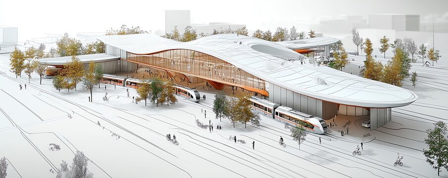 Conceptual layout of a multimodal transportation hub, integrating trains, buses, and bikes in an efficient design Layout Engineering, Transportation hub design