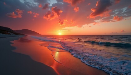 Stunning Sunset Over Calm Ocean with Vibrant Red and Orange Sky Reflecting on Serene Beach Shoreline - Tranquil Nature Scene Captured at Golden Hour