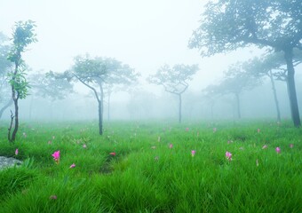 Grassland, flowers and trees are covered in thick fog.