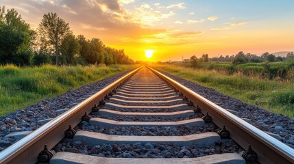 Obraz premium A scenic view of railroad tracks at sunset. Perfect for themes of travel, journey, and hope.