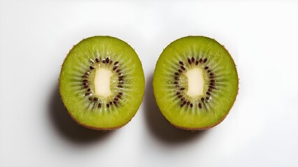 Fototapeta premium A kiwi fruit cut in half, revealing its vibrant and juicy insides and displayed on a pure white background.