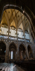 Large panoramic view of the interior of St. Vitus Cathedral - Prague Castle. Prague, Czech