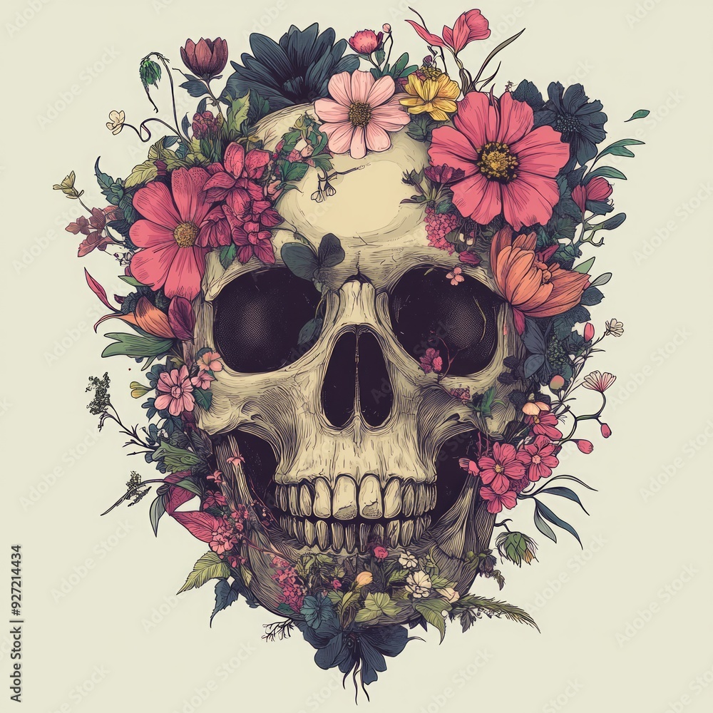 Wall mural Human skull adorned with a vibrant floral crown, a symbolic artwork.