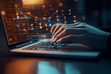 Close-up of hands typing on a laptop with glowing data flowing from the keyboard to the screen, illustrating a futuristic business concept.