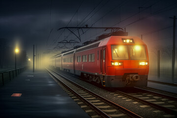 Obraz premium Beleuchteter Zug hält an einem Bahnhof bei Nacht und Nebel, Generative AI