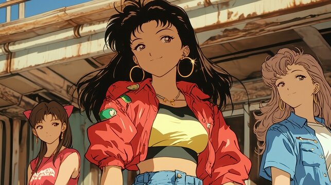 Retro Comic Convention Vibes, Teens in vibrant cosplay immerse in the lively atmosphere of a 90s comic event, celebrating Japanese anime culture with colorful flair and nostalgia.