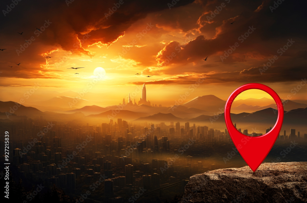 Poster map pin location button on rock mountain over aerial panoramic view of modern city tower at golden h