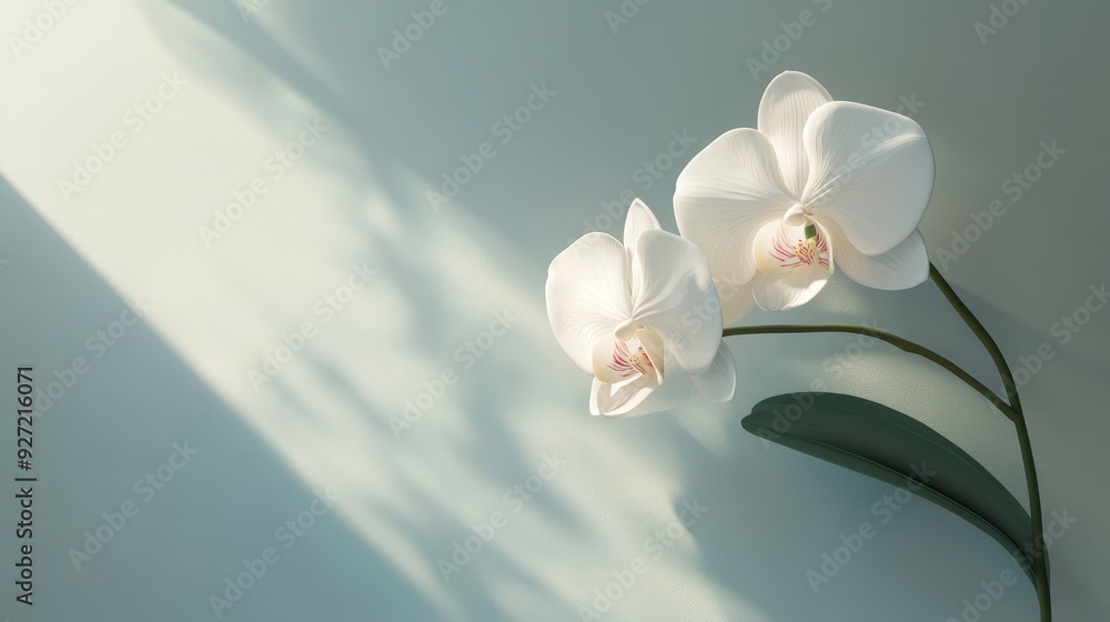 Poster a serene composition featuring two white orchids casting soft shadows on a light background.
