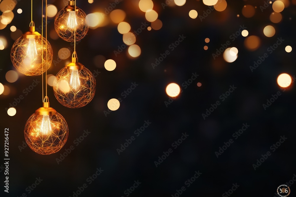 Poster Golden string lights hanging against a dark background with bokeh effect, perfect for a festive and cozy ambiance.