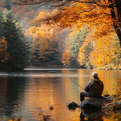 Senior Man Peacefully Fishing in Autumn Lakeside