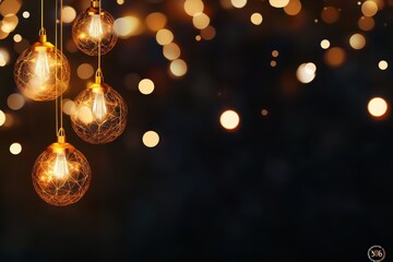 Obraz premium Golden string lights hanging against a dark background with bokeh effect, perfect for a festive and cozy ambiance.