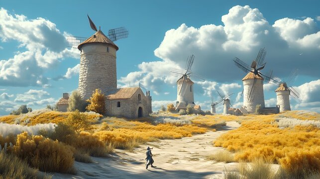 A 3D Rendered Scene of the Legendary Knight Don Quixote Tilting at Windmills Believing Them to Be Giants