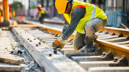 Construction worker in safety gear intensely focused on adjusting railway tracks under bright sunlight, emphasizing hard work and precision.