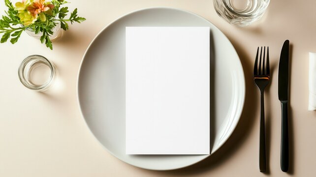 Stylish dining table setting featuring a menu on a plate, elegant cutlery, and a fresh flower arrangement.