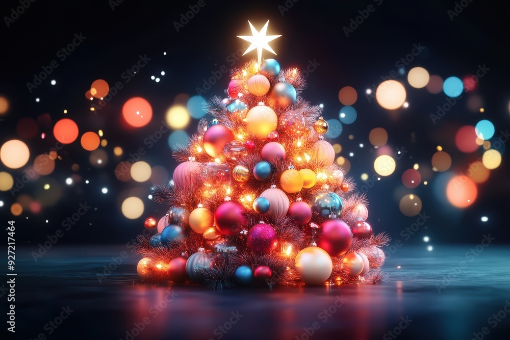 Poster a beautifully decorated christmas tree with colorful ornaments and lights, creating a festive holida