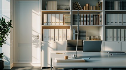 A modern, sunlit office space with neat bookshelves, organized filing systems, and a clean desk set up for productivity.