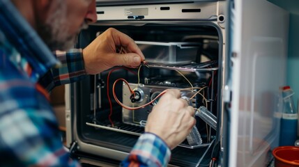 A man carefully repairs an electric appliance, showcasing precision and technical expertise in his task.