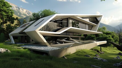 Modern house with a unique design, large windows, and a pool.