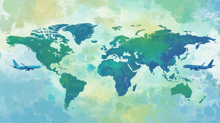 Airplane path in dotted line shape on world map