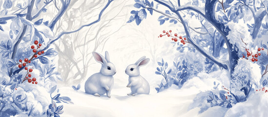Obraz premium drawing of rabbits playing in the snow, surrounded by blue and white trees with red berries, drawing, retro vinrage art greetings and New Year celebrations concept 